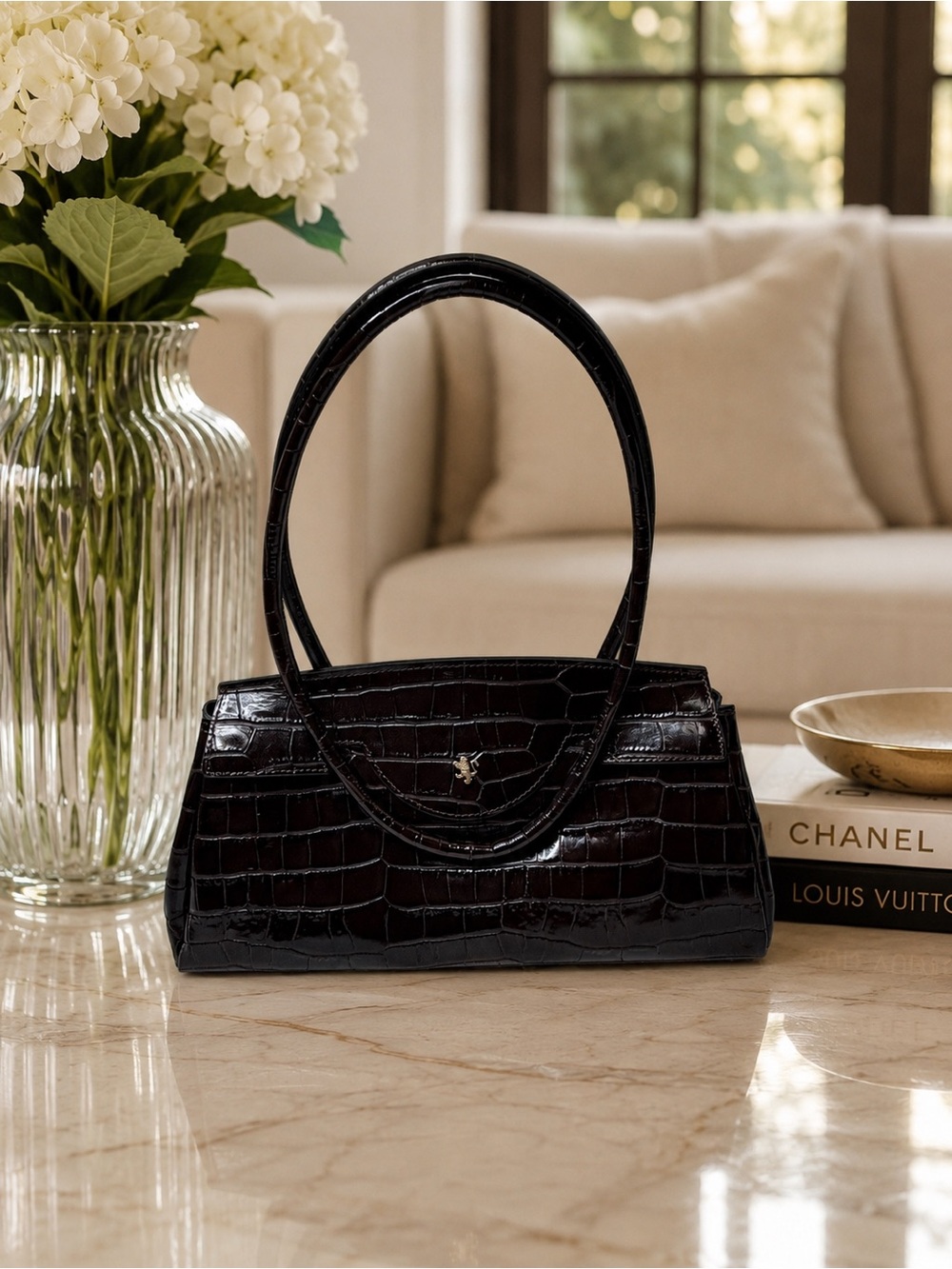 NWT Pratesi Made in Italy Croc Embossed Leather East West Shoulder Bag